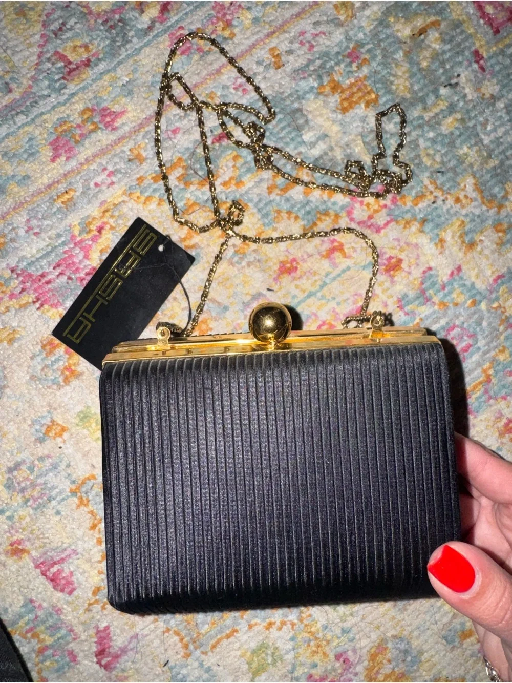 Sasha Black Ribbed Evening Clutch with Gold Frame